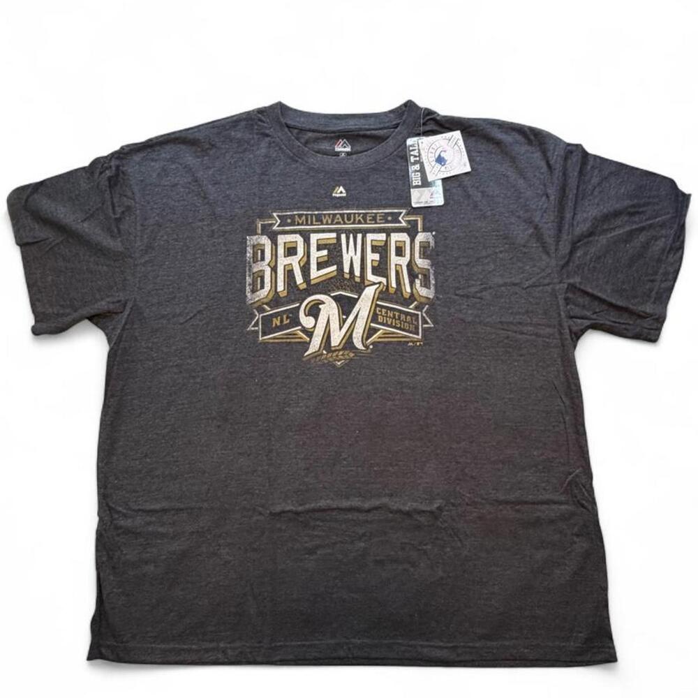 Gray Majestic Athletic Milwaukee Brewers t-shirt with white and gold logo size 4